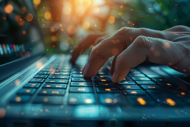 Las manos escribiendo en el teclado de la computadora portátil con visuales de datos digitales