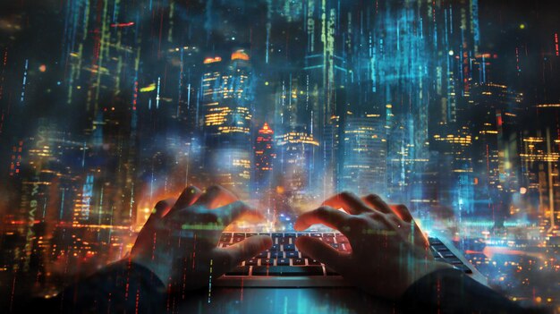 Manos escribiendo en un teclado cubierto con un vívido paisaje urbano cyberpunk que refleja un mundo digital de alta tecnología