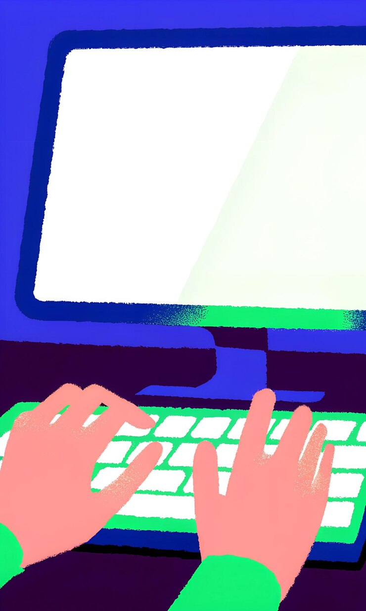 Foto las manos escribiendo en el teclado con el monitor de la computadora en una obra de arte digital vibrante