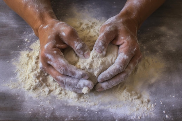 Manos espolvoreadas con harina amasando masa de pasta cruda creada con IA generativa