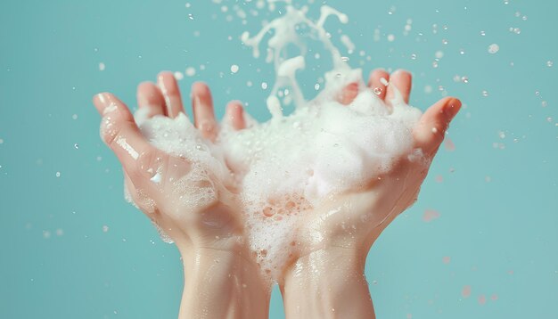 Manos en espuma de jabón sobre un fondo azul claro