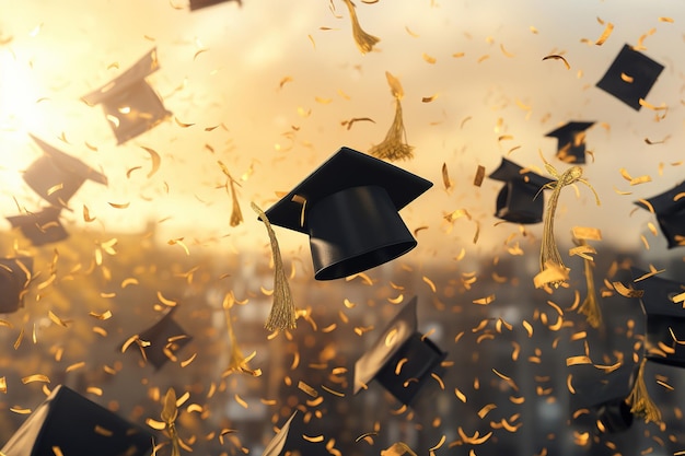 Manos de estudiantes graduados lanzando gorras de graduación en el aire generativo ai