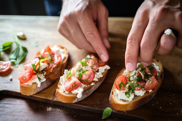 Manos extendiendo queso de cabra en rebanadas de baguette tostadas para bruschetta