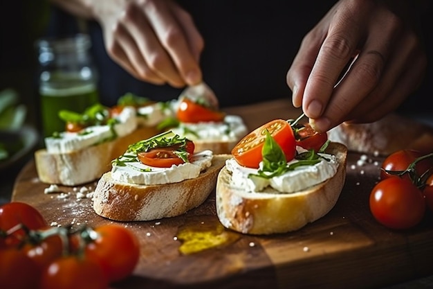 Manos extendiendo queso ricotta en rebanadas de baguette tostadas