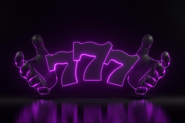 Las manos se extienden a tres sietes afortunados con luces de neón de color púrpura sobre fondo negro Símbolo de casino 3D