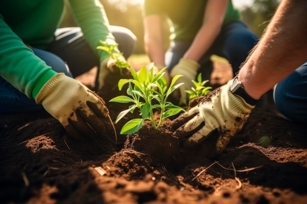 las manos de la familia se dedican a plantar plantas y verduras en las plantas del jardín