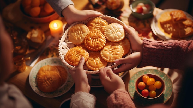 Las manos de una familia reunida alrededor de una mesa con pasteles de luna durante el festival de otoño IA generativa