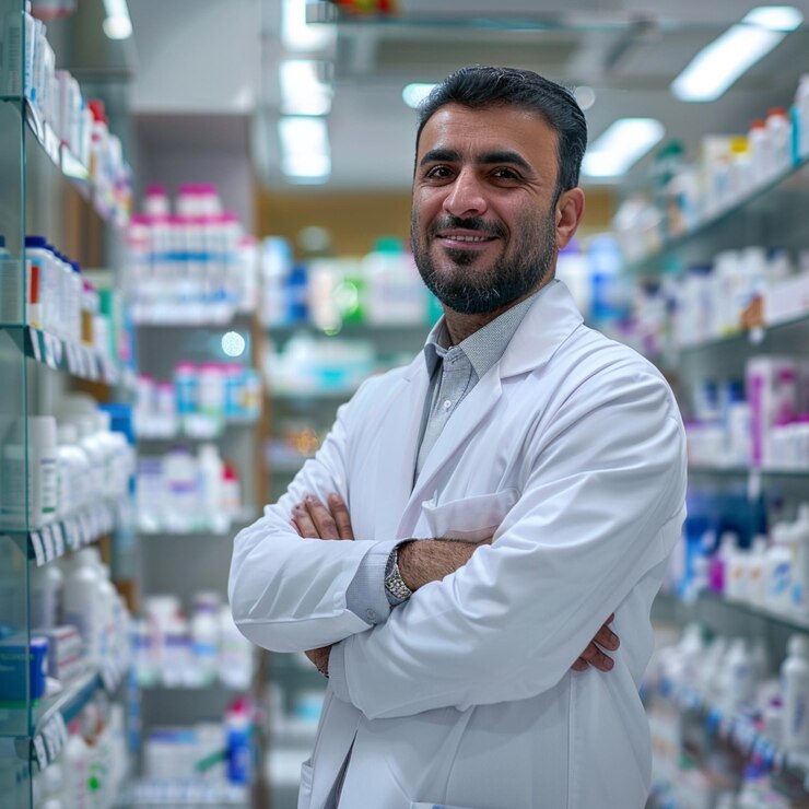 Manos de farmacéutico y caja para medicamentos con documento en el estante para medicamentos