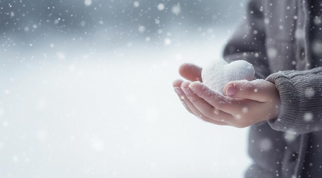 Manos femeninas con brillantes maravillosos copos de nieve o bola sobre un fondo de nieve blanca Invierno