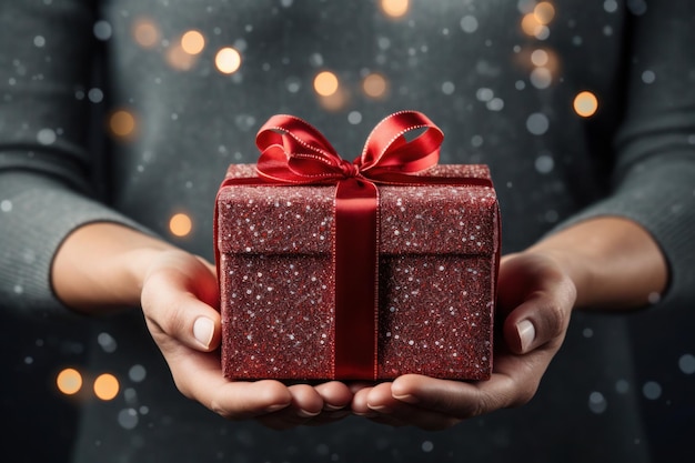 Manos femeninas con caja de regalo de navidad con bokeh