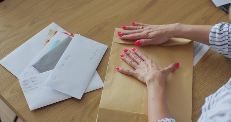 Foto manos femeninas cerradas poniendo la carta en el formulario de devolución del sobre mujer envía un formulario de devolución por carta