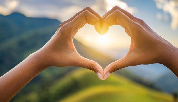 Foto las manos femeninas crean una forma de corazón contra el cielo radiante que simboliza el amor, la unidad y la conexión.