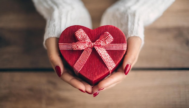 manos femeninas cuna un regalo en forma de corazón que encarna el amor y la celebración para ocasiones como San Valentín