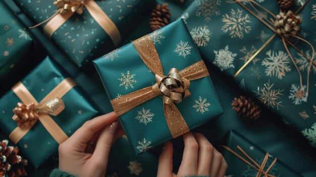 Foto manos femeninas decorando regalos en navidad