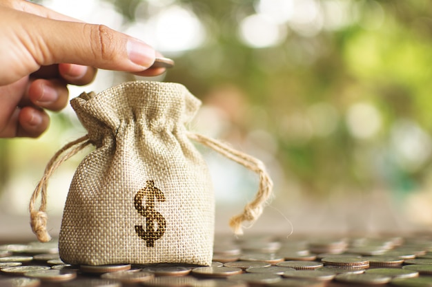 Manos femeninas dejando caer el dinero en la bolsa.