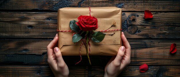 Las manos femeninas envuelven el presente en la vista superior, una rosa roja empaquetada como regalo y una tarjeta de felicitación en una mesa de madera en mal estado.