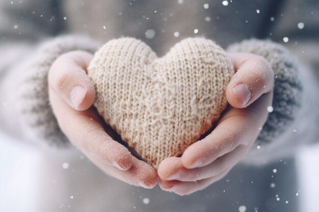 Manos femeninas con guantes con un corazón rojo de primer plano AI generativa