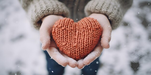 Foto manos femeninas en guantes de punto beige con un corazón de nieve en un día de invierno vacaciones de san valentín