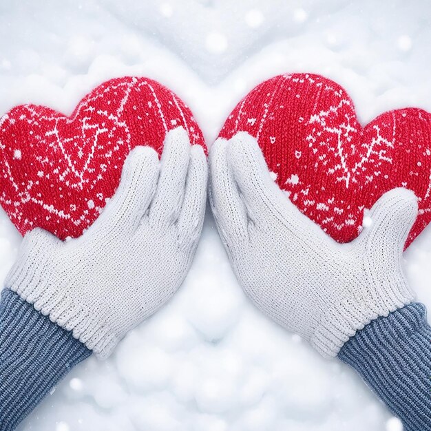 Manos femeninas con guantes tejidos con corazón de nieve en un día de invierno generado por IA