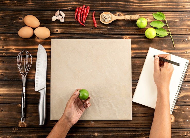 Foto manos femeninas hacen notas en el libro de dieta en la mesa de madera con ingredientes
