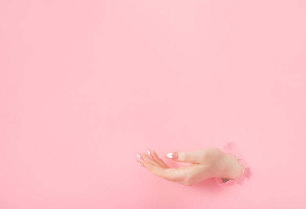 Manos femeninas con hermosas uñas largas con manicura sobre fondo de papel rosa