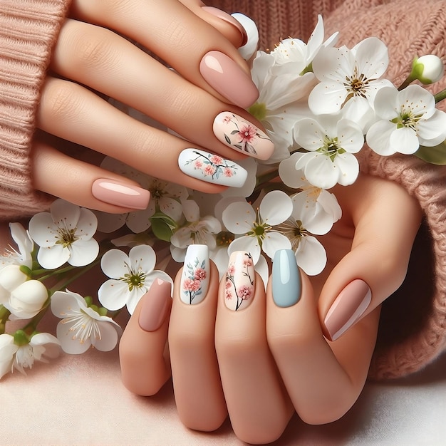 Manos femeninas con hermosos diseños de uñas de flores de primavera Manos de mujer con esmalte de moda