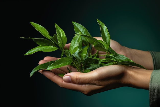 Manos femeninas con hojas de té verde