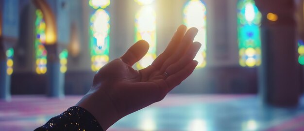 Las manos femeninas levantan las palmas en la oración simbolizando su confianza en la mezquita AI generativa