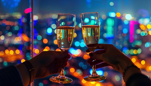 Foto manos femeninas y masculinas con vasos de champán contra el telón de fondo de la ciudad nocturna