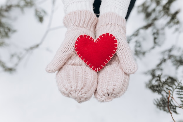 Foto manos femeninas en mitones con corazón decorativo rojo para el día de san valentín.