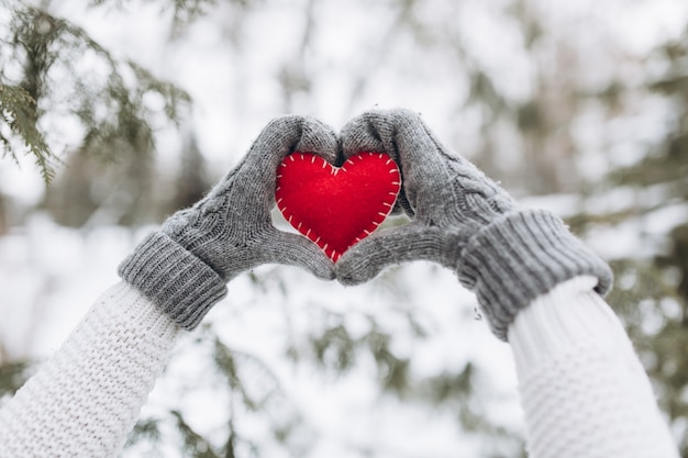 Manos femeninas en mitones con corazón decorativo rojo para el día de San Valentín.