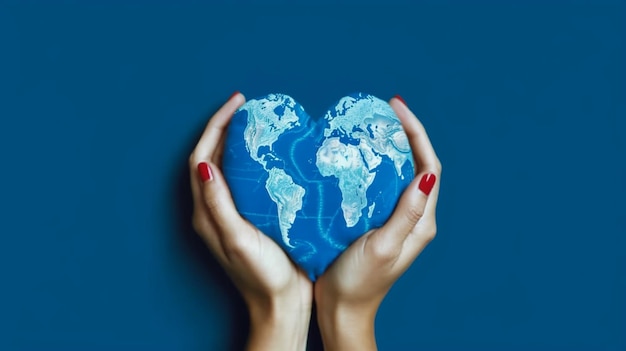 Manos femeninas pintadas en el mapa mundial formando forma de corazón aislado sobre fondo azul IA generativa