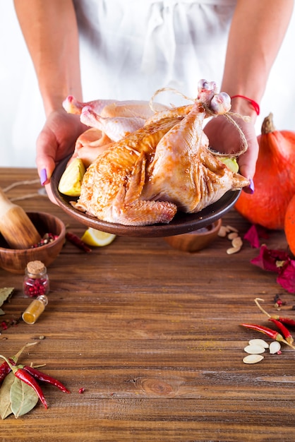 En manos femeninas el pollo en salsa y especias en un plato