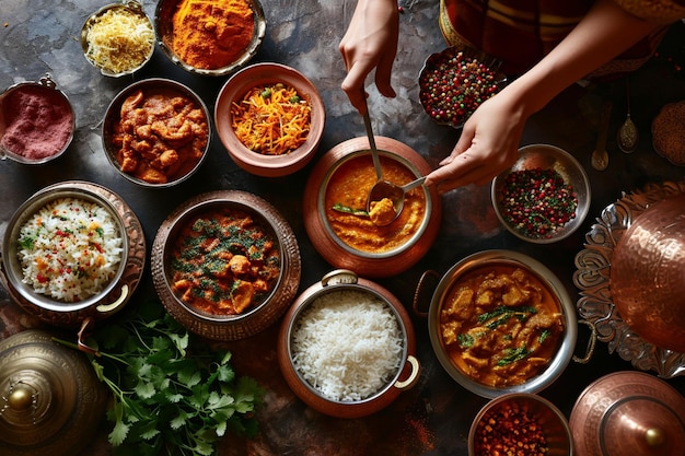 Foto manos femeninas sirviendo buffet de comida étnica india en una mesa de hormigón rústico
