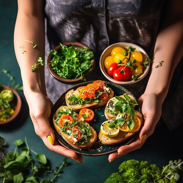 Foto manos femeninas sosteniendo bruschetta con queso limón y albahaca