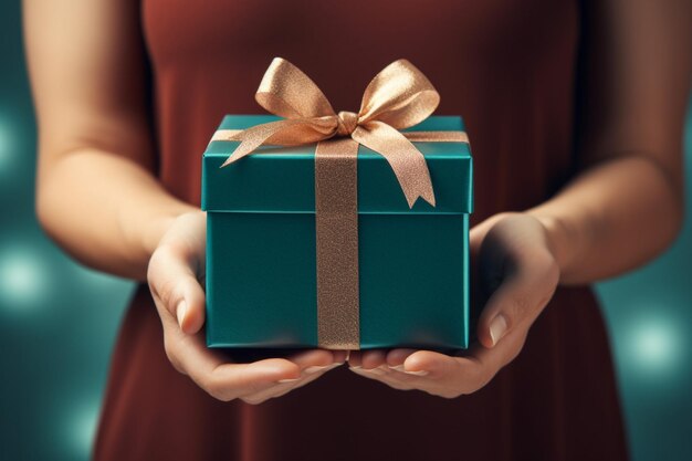 Manos femeninas sosteniendo una caja de regalos con una cinta roja en un fondo oscuro