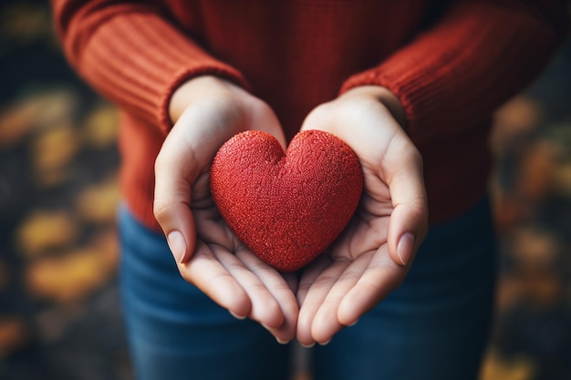 Manos femeninas sosteniendo un corazón rojo en el fondo de las hojas de otoño