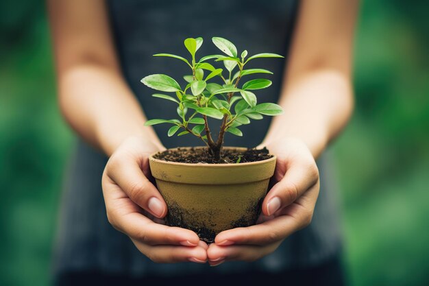 Manos femeninas sosteniendo una olla con un pequeño árbol verde