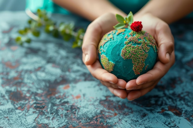 Foto manos femeninas sosteniendo un pequeño modelo de tierra con plantas y flores medioambiental conceptual