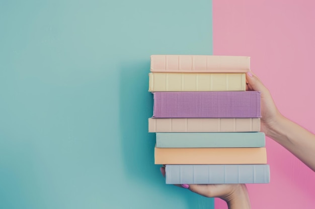 Manos femeninas sosteniendo pilas de libros sobre un fondo pastel IA generativa