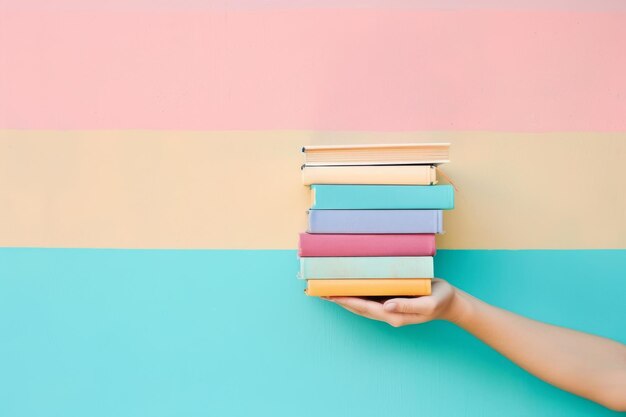 Manos femeninas sosteniendo pilas de libros sobre un fondo pastel IA generativa