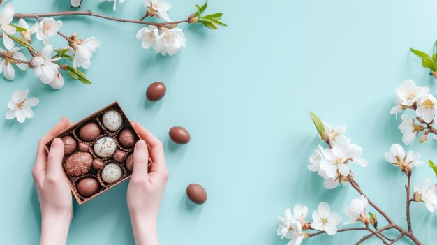 Las manos femeninas sostienen una caja de regalos de huevos de Pascua de chocolate en fondo turquesa con espacio para copiar