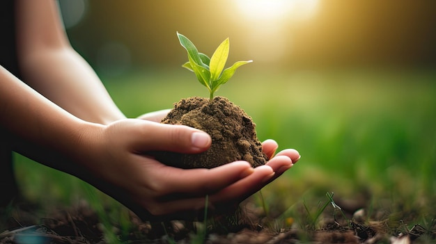 las manos femeninas sostienen un montón de tierra con un fondo de ecología de hierba verde generado por ai