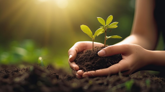 las manos femeninas sostienen un montón de tierra con un fondo de ecología de hierba verde generado por ai