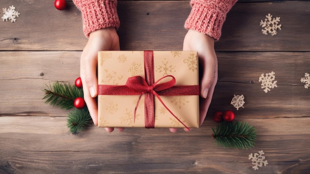 Manos femeninas con suéter rosa sosteniendo una caja de regalos de Navidad en fondo de madera