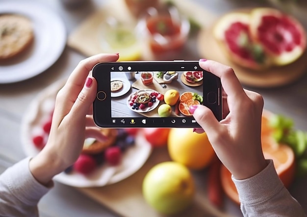 Foto manos femeninas con teléfonos inteligentes y tomando fotos de la comida en la mesaai generative