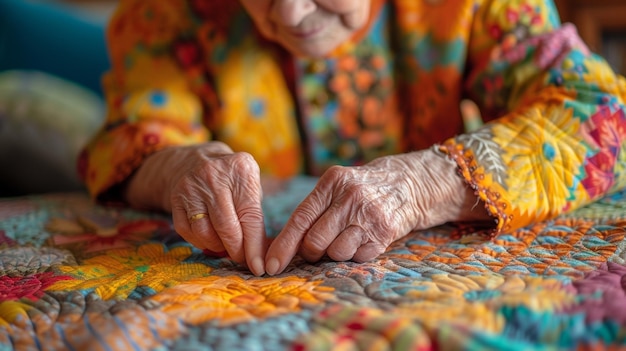 Foto con manos firmes y un ojo agudo para los detalles un quiltador anciano cosía una hermosa historia