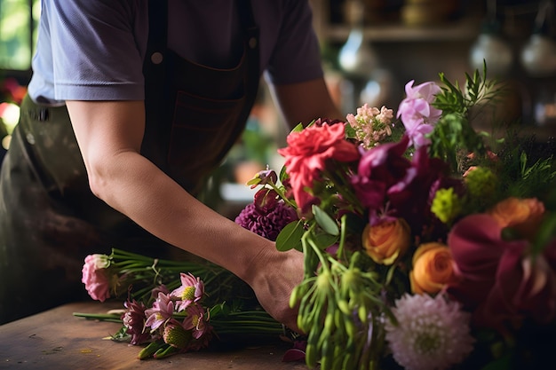 Las manos de un florista arreglan un hermoso ramo de flores