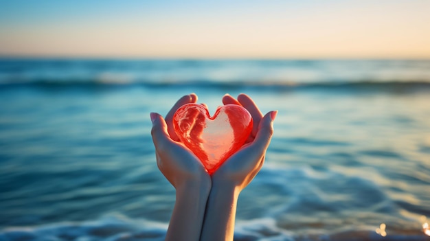 Manos en forma de corazón contra el mar.