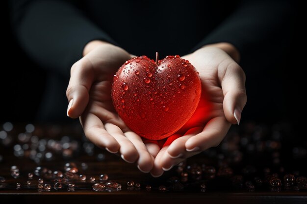 Manos fuertes acunan el corazón rojo que simboliza el amor y la compasión